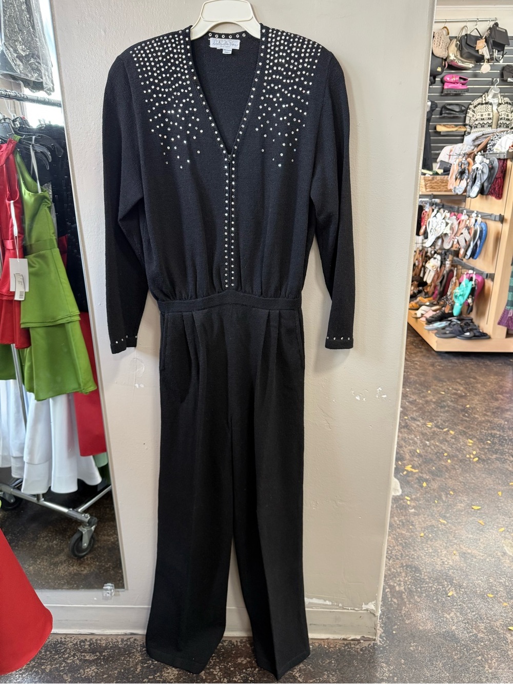 Vintage Antonella Preve Black Rhinestone Knit Jumpsuit 26 Waist
